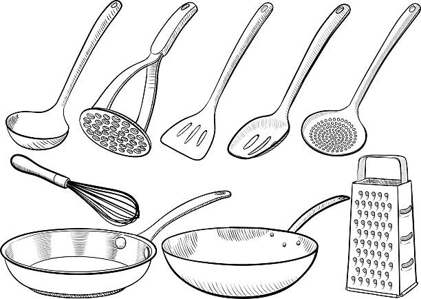 Kitchen utensil sketches Vector hand drawn kitchen equipment and tableware clip art of a potato masher stock illustrations