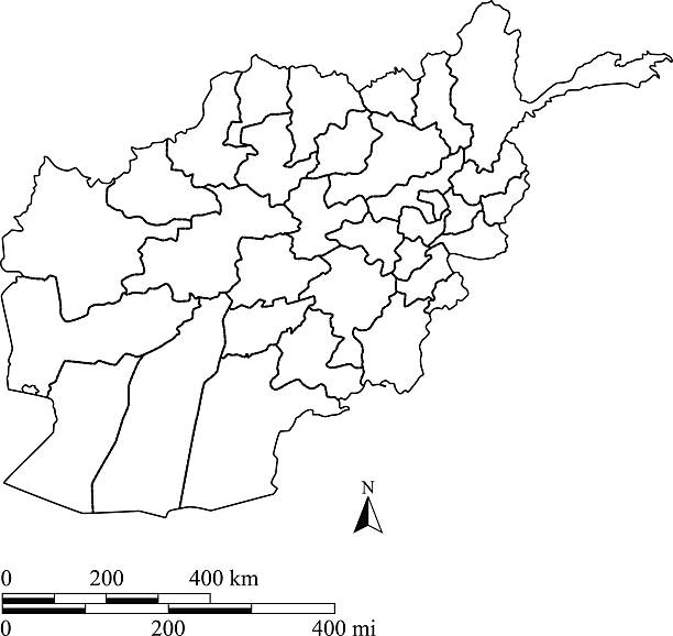 Afghanistan map outline vector with scales in a blank design Afghanistan map vector outline with miles and kilometers scales in a blank design khost afghanistan stock illustrations