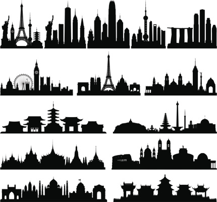 Each building is separate, complete and highly detailed. The detail on each building is enough to use them separately if needed. From left to right: the world, New York, Hong Kong, Shanghai, Singapore, London, Paris, Mexico City, Tokyo, Jakarta and Indonesia, Bangkok, Rome, Delhi and India, and Beijing.