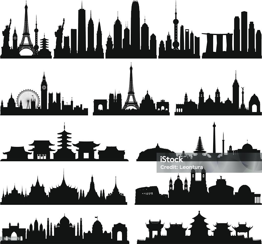 Highly Detailed Skylines (Complete, Moveable Buildings) Each building is separate, complete and highly detailed. The detail on each building is enough to use them separately if needed. From left to right: the world, New York, Hong Kong, Shanghai, Singapore, London, Paris, Mexico City, Tokyo, Jakarta and Indonesia, Bangkok, Rome, Delhi and India, and Beijing. Urban Skyline stock vector