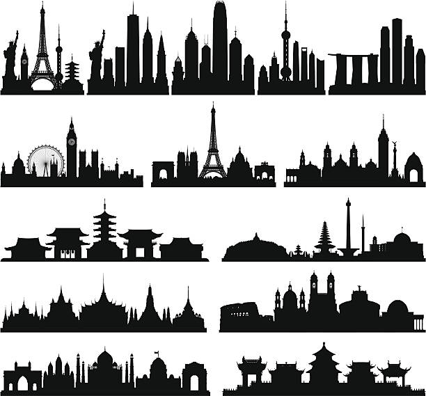 Highly Detailed Skylines (Complete, Moveable Buildings) Each building is separate, complete and highly detailed. The detail on each building is enough to use them separately if needed. From left to right: the world, New York, Hong Kong, Shanghai, Singapore, London, Paris, Mexico City, Tokyo, Jakarta and Indonesia, Bangkok, Rome, Delhi and India, and Beijing. taj mahal vector stock illustrations