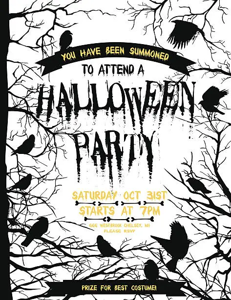 Vector illustration of Creepy Halloween Party Template With Crows And Ravens