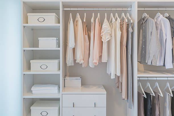 istock clothes hanging on rail in white wardrobe 507457122