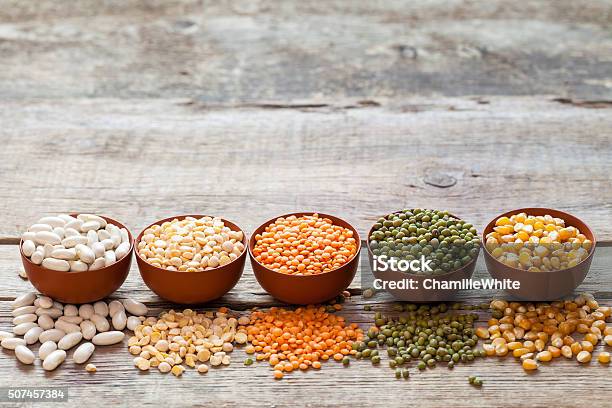 Cereal Grains Red Lentils Green Mung Corn Bean And Peas Stock Photo - Download Image Now