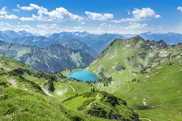 Lake Seealpsee in the mountain landscape of the Allgau Alps above of Oberstdorf, Germany.