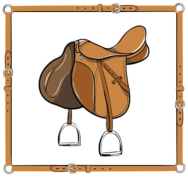 English saddle in leather belt frame on white Equestrian leather harness with stirrup and girth. Horse riding tack equipment, vector. saddle stock illustrations
