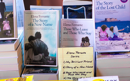 Santa Fe, USA - January 28, 2016: Elena Ferrante's popular Neapolitan series in a bookstore display.