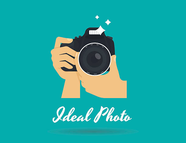 Photographer hands with camera flat illustration for icon or logo Photographer hands with camera icon or logo template. Flat illustration of lens camera shooting macro image with flash and text ideal photo camera flash photos stock illustrations