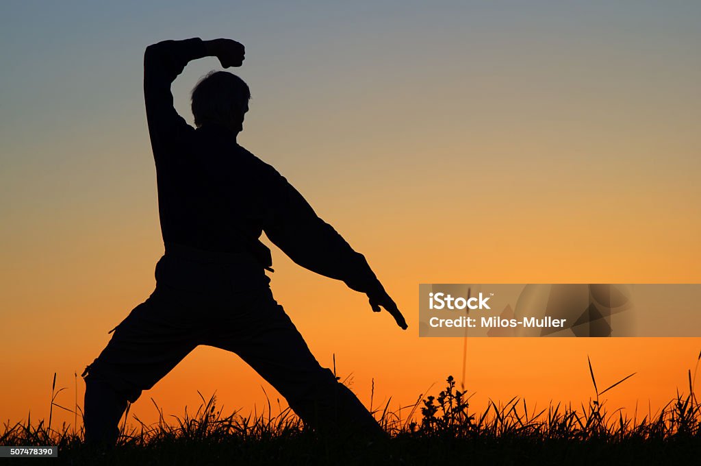 Man practicing karate on the grassy horizon after sunset Man practicing karate on the grassy horizon after sunset. Art of self-defense. Silhouette against a bright orange sky. Tai Chi Stock Photo