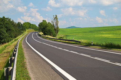 Empty asphalt road leading past the rows of trees and green fields. Sunny summer day with a cloudy sky.