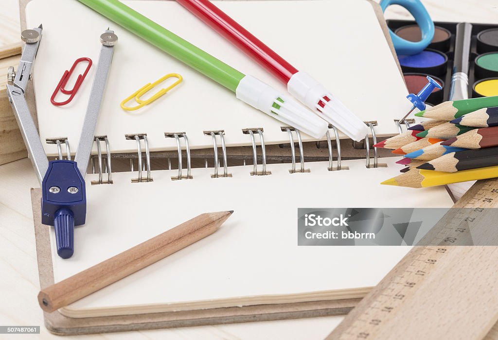 back to school back to school background with multiple school stationaries Back to School Stock Photo