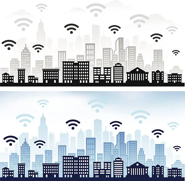 Vector illustration of Wi-Fi on panoramic city skyline Color Set