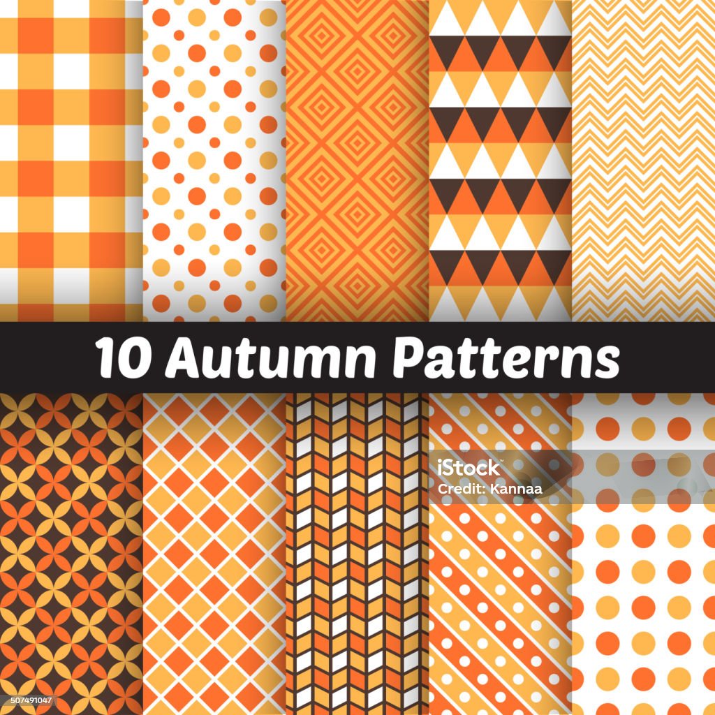 Autumn vector seamless patterns. Endless texture for wallpape 10 Autumn vector seamless patterns. Endless texture for wallpaper, fill, web page background, texture. Set of halloween and thanksgiving geometric ornament. Orange and white colors Halloween stock vector