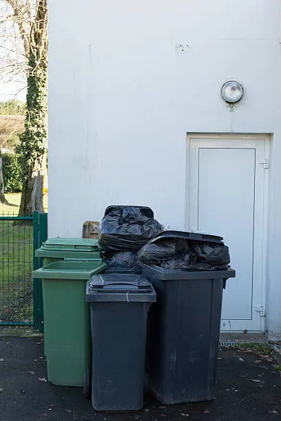 Row of large green wheelie bins for rubbish, recycling and garden waste