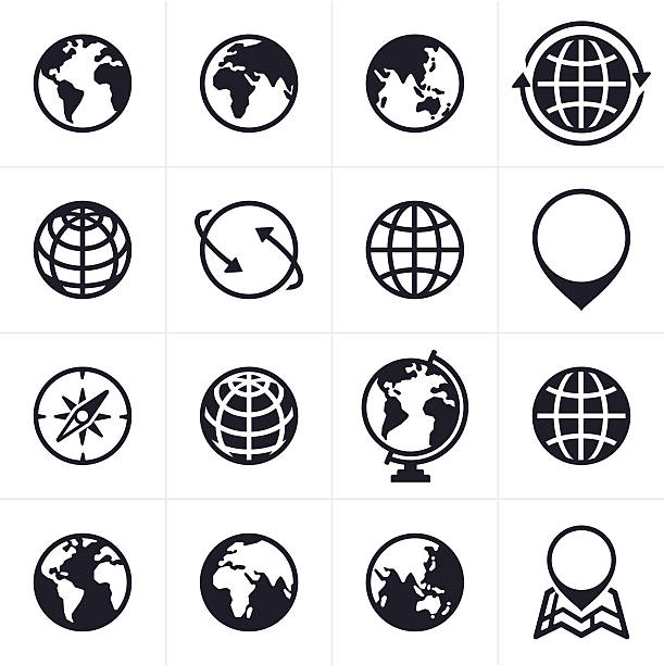 Globes Icons and Symbols Globe and location symbols. global communications stock illustrations