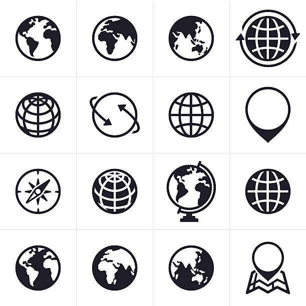 Globes Icons and Symbols Globe and location symbols. planet stock illustrations