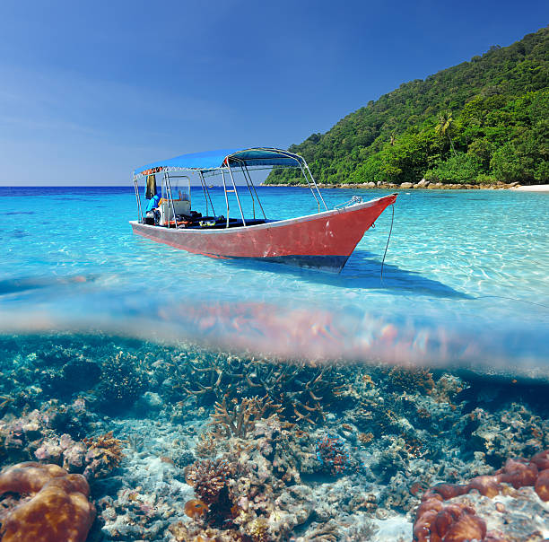 Beach and motor boat with coral reef underwater view Beautiful beach and motor boat with coral reef bottom underwater and above water split view boracay photos stock pictures, royalty-free photos & images