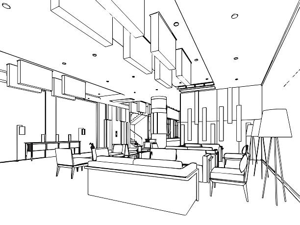 interior outline sketch drawing perspective of reception interior outline sketch drawing perspective of a space office drawing of the hotel reception stock illustrations