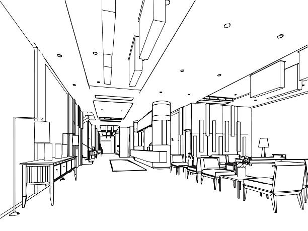 interior outline sketch drawing perspective of reception interior outline sketch drawing perspective of a space office drawing of the hotel reception stock illustrations