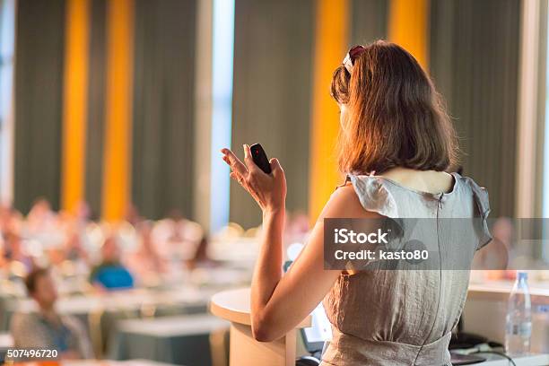 Speaker At Business Conference And Presentation Stock Photo - Download Image Now - Laptop, Microphone, Adult
