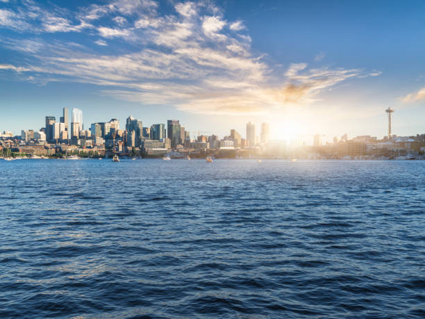 skyline di seattle - seattle night skyline architecture and buildings foto e immagini stock