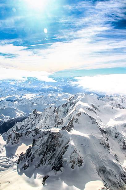Aerial view of snow mountain over Europe stock photo