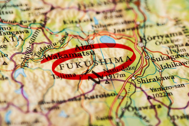 Fukushima marked on map with red marker stock photo