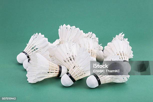 Heaps Of Used Worned Out Badminton Shuttlecock On Green Court Stock Photo - Download Image Now