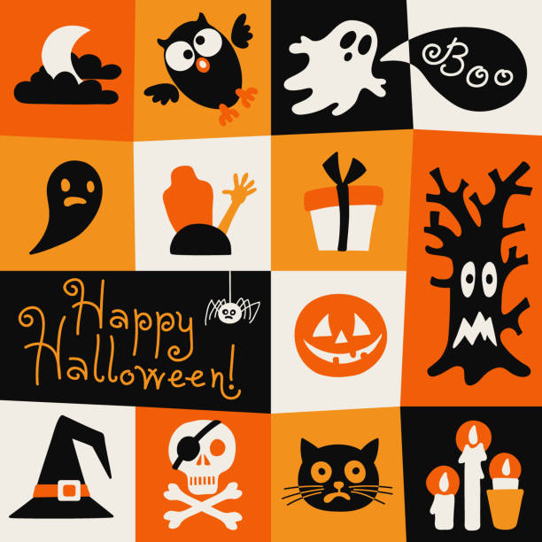 happy halloween-karte. - halloween witch domestic cat frame stock-grafiken, -clipart, -cartoons und -symbole