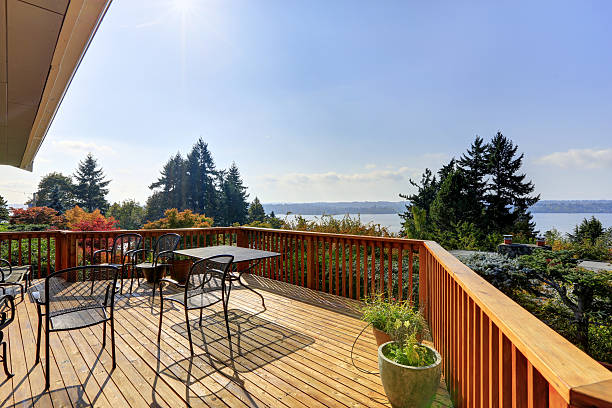 istock Wooden walkout deck with lake view 507516869