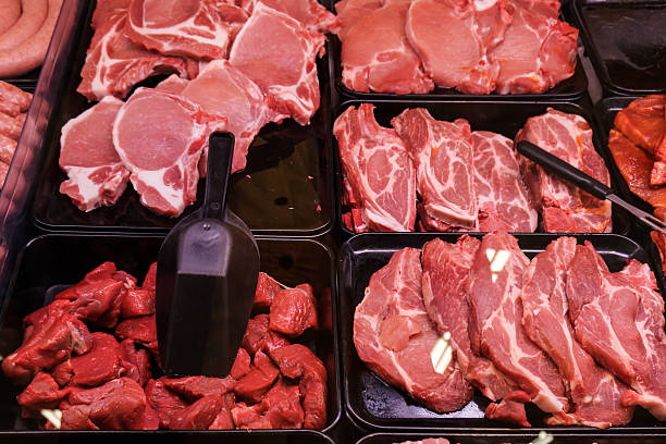 istock various meat in a supermarket. 507516895