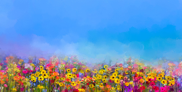 Abstract art oil painting of summer-spring flowers. Cornflower, daisy flower in fields. Meadow landscape with wildflower, Purple-blue Sky color background. Hand Paint floral Impressionist style