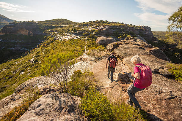 senior pareja caminando en el paisaje espectacular de las montañas azules de australia - australian culture hiking australia people fotografías e imágenes de stock