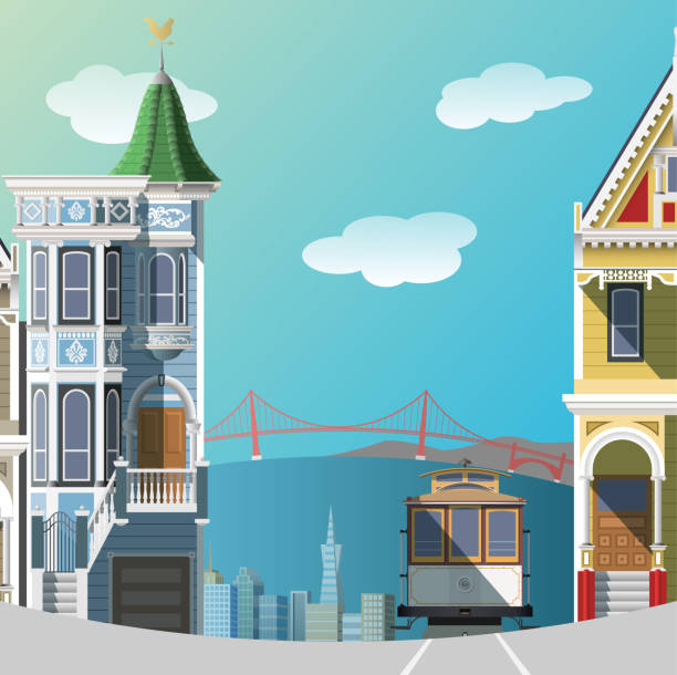 illustrazioni stock, clip art, cartoni animati e icone di tendenza di panorama di san francisco - golden gate bridge san francisco county bridge skyline