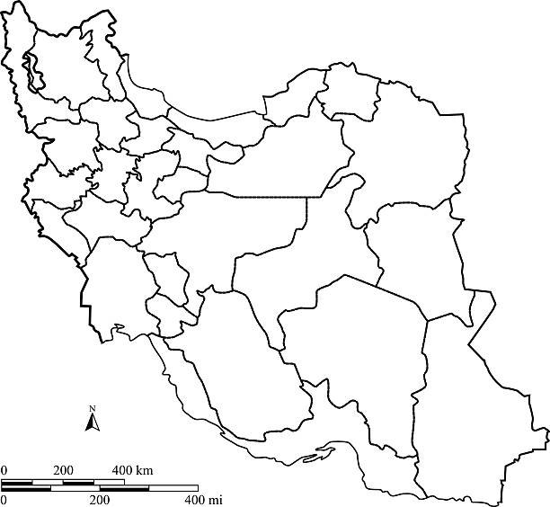 Iran map outline vector with scales in a blank design Iran map vector outline with miles and kilometers scales in a blank design khuzestan province stock illustrations