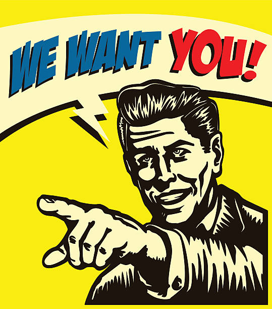 I want you! Vintage businessman with pointing finger picking candidate for job vacancy, we're hiring now sign comic book style vector illustration