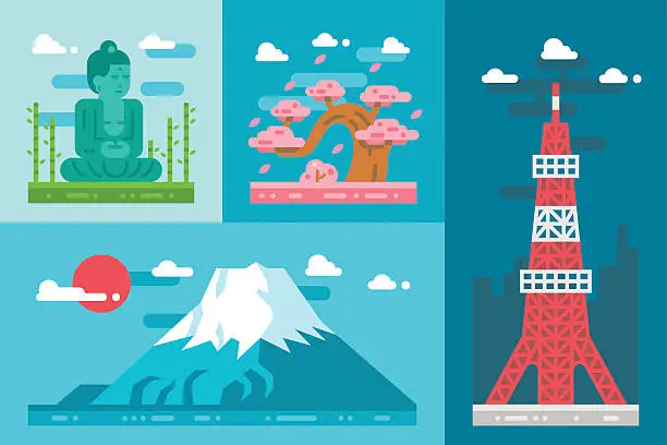 Vector illustration of Flat design japan landmarks set