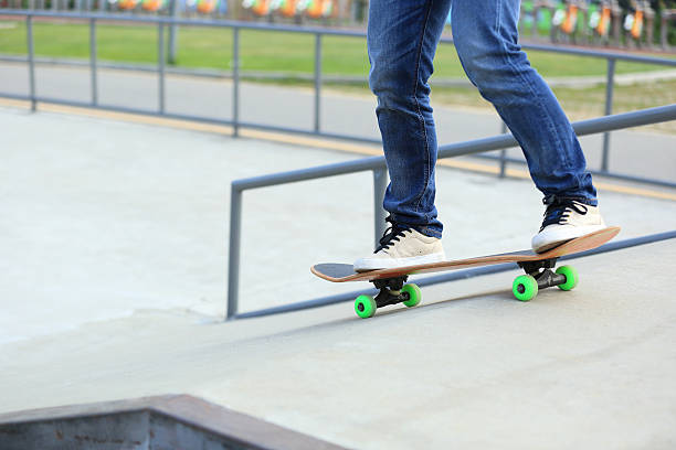 istock skateboarding legs at skatepark 507535304