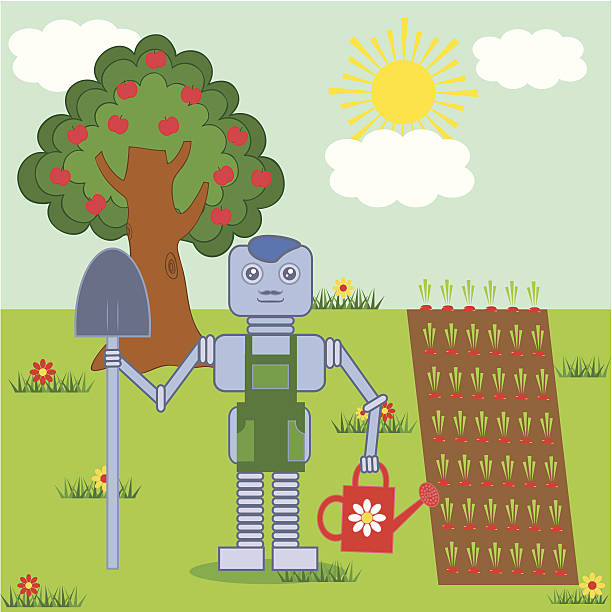 ilustrações de stock, clip art, desenhos animados e ícones de robô no jardim - tree single word green fruit