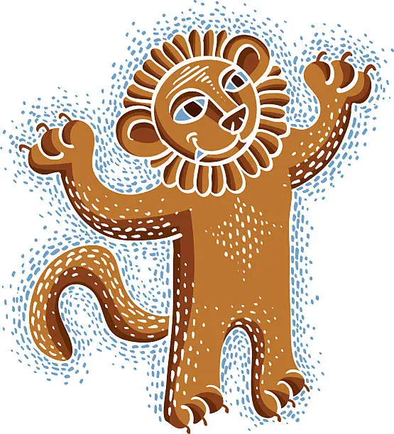 Vector illustration of Vector drawing of happy orange lion holding its paws up.