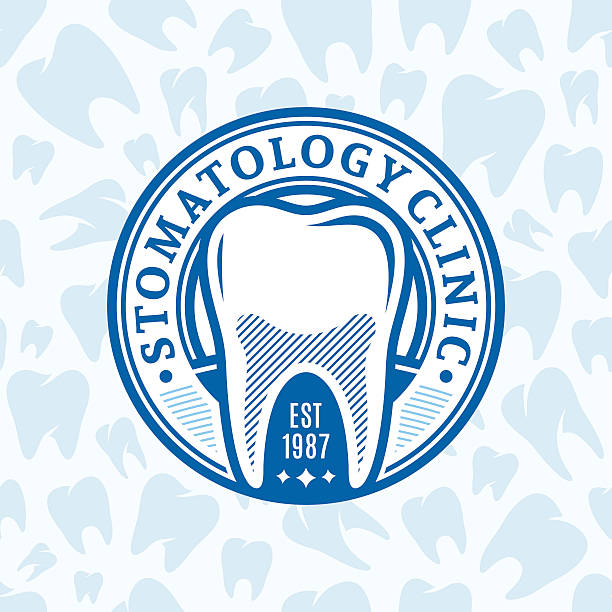 Dental Clinic Label Vector dental clinic label template over tooth icons background. Dentist label. Stomatology label. Tooth icons for stomatology, dentist and dental care clinic. dentist backgrounds stock illustrations