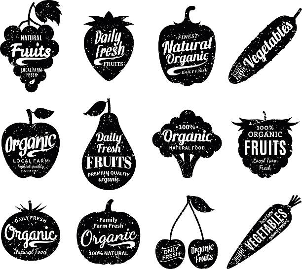 фрукты и овощи, этикетки, значки и элементы дизайна - apple sign food silhouette stock illustrations