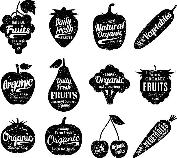 Fruits and Vegetables Labels, Icons and Design Elements Vector fruit and vegetables labels. Fruit and vegetables silhouettes with lettering. Fruits and vegetables icons for groceries, agriculture stores, packaging and advertising. Vector labels design. label silhouettes stock illustrations