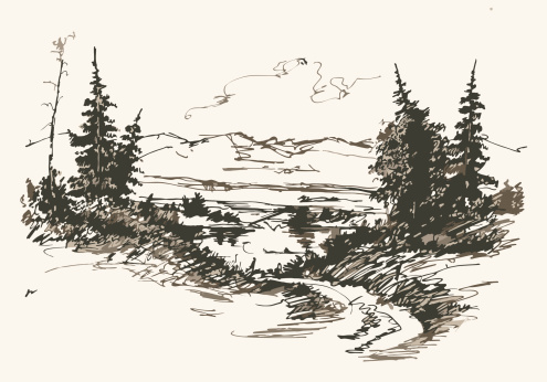Black and white hand drawn landscape. Vector illustration