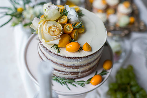 Delicious and tasty dessert table at wedding reception cream pie stock photo