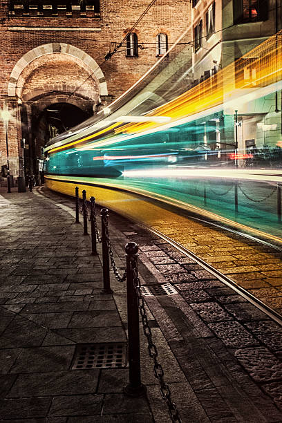 Motion Blur Milan tram Street at Night stock photo