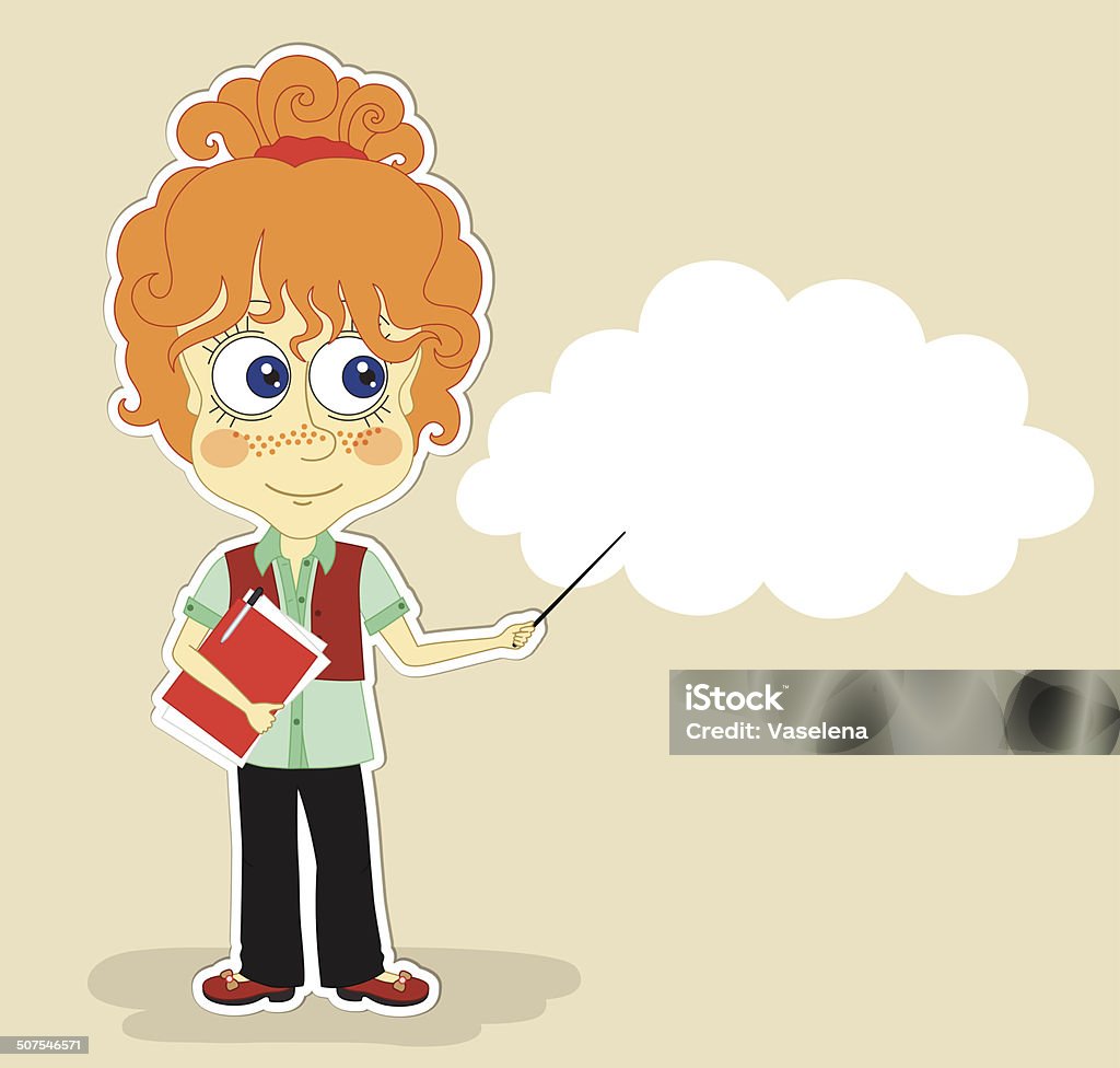 Funny girl at the presentation Funny red-haired girl is keeping in one hand red folder with documents and  pointer in another hand, and a cloud for text Adult stock vector