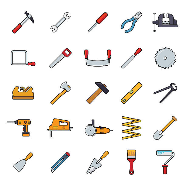 handgefertigte tools, die linie-icons, vektor-set - pliers work tool white background craft stock-grafiken, -clipart, -cartoons und -symbole