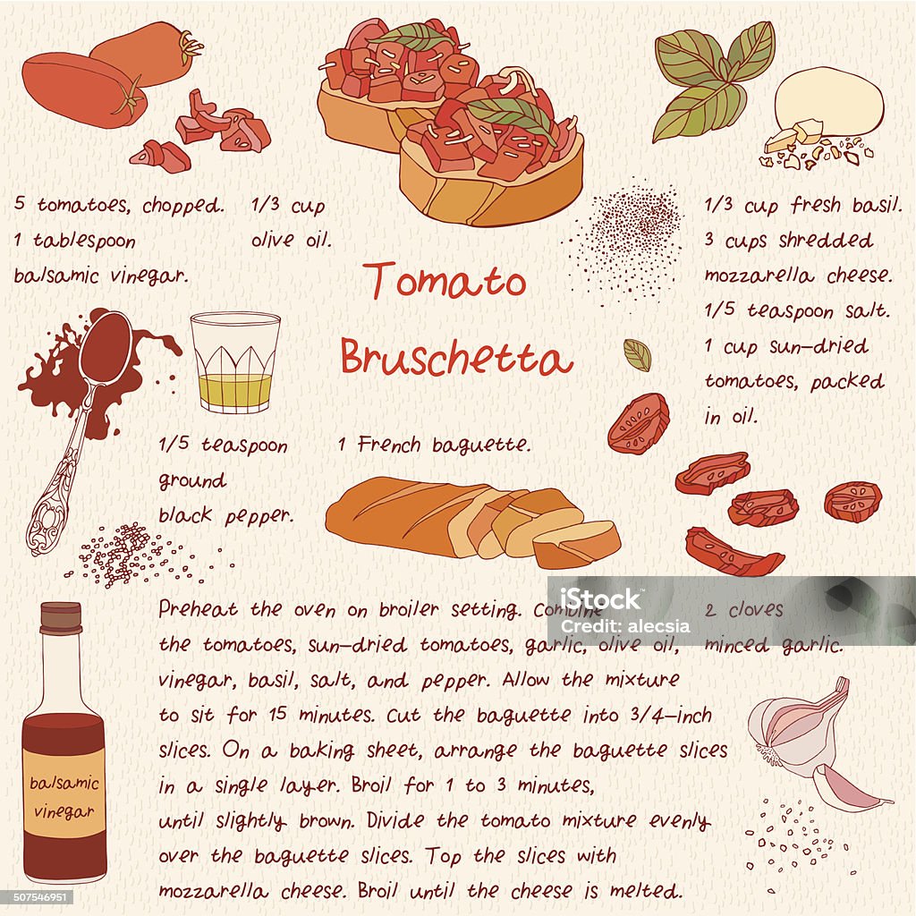 Leckere bruschetta mit Tomaten.  Food Illustrationen.  Rezeptkarte. - Lizenzfrei Mahlzeit Vektorgrafik