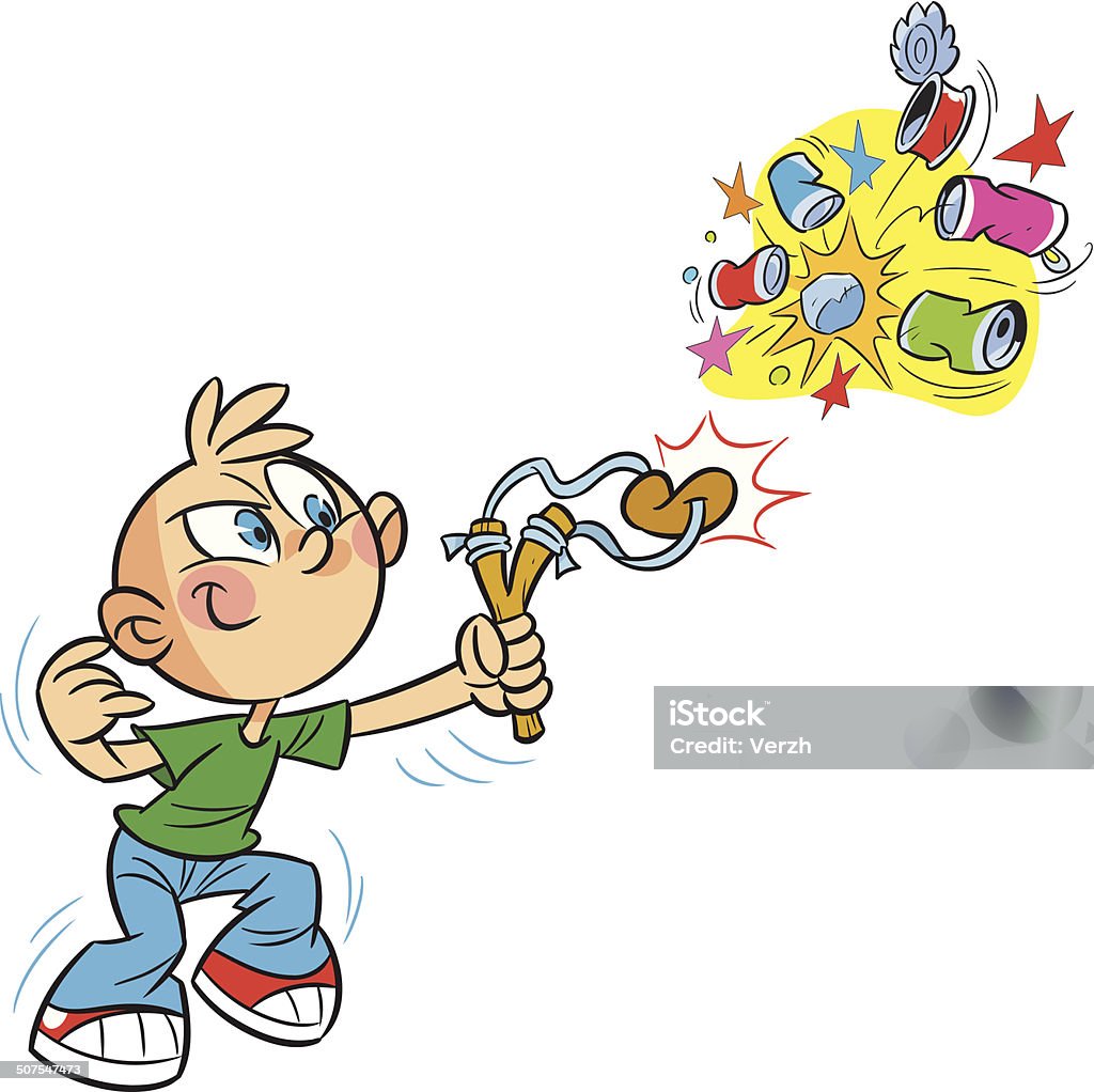 bully boy The illustration shows cartoon boy bully, who shoots a slingshot in empty cans. Illustration done on separate layers. Activity stock vector